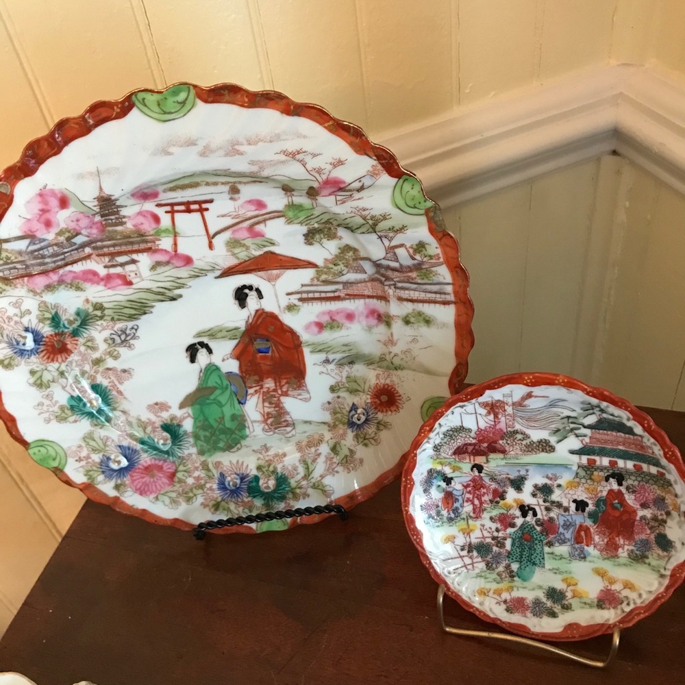 2 Hand painted antique Japanese geisha plates